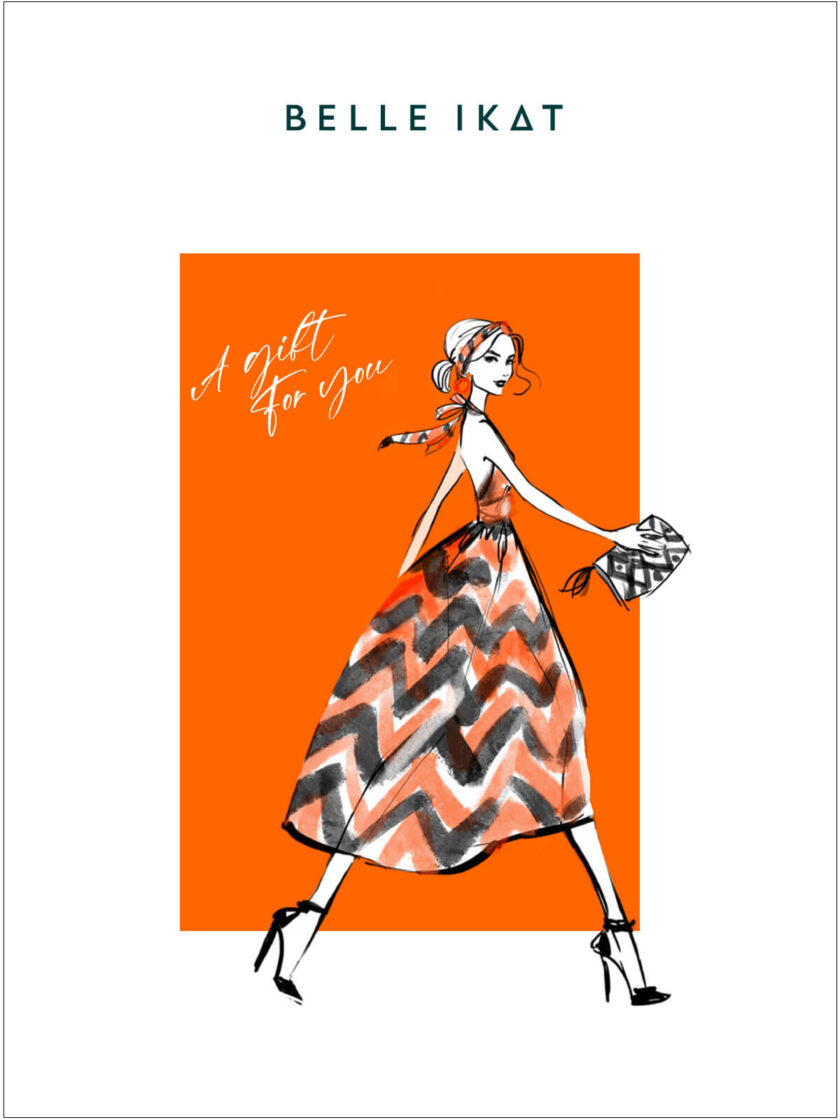 Illustration mit einem Modell in einem gemusterten Kleid von Belle Ikat
