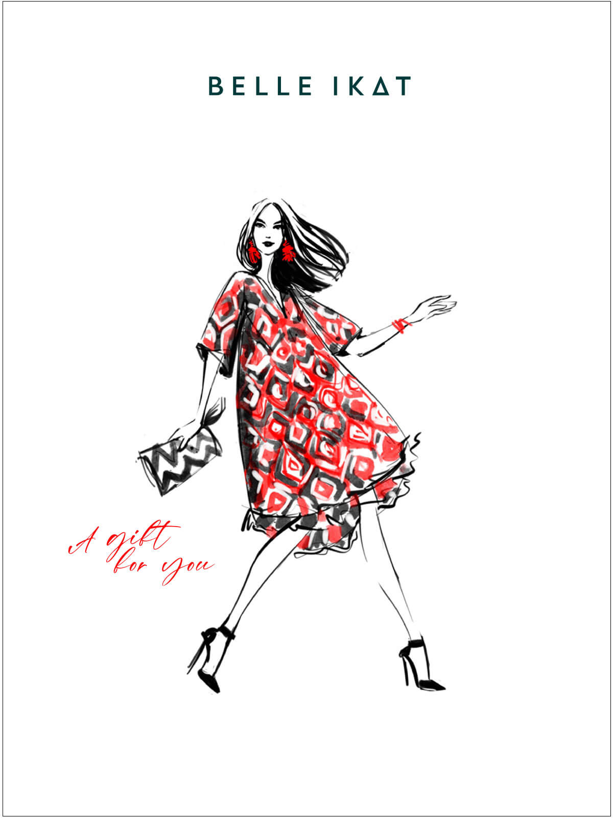 Illustration mit einem Modell in einem roten gemusterten Kleid von Belle Ikat