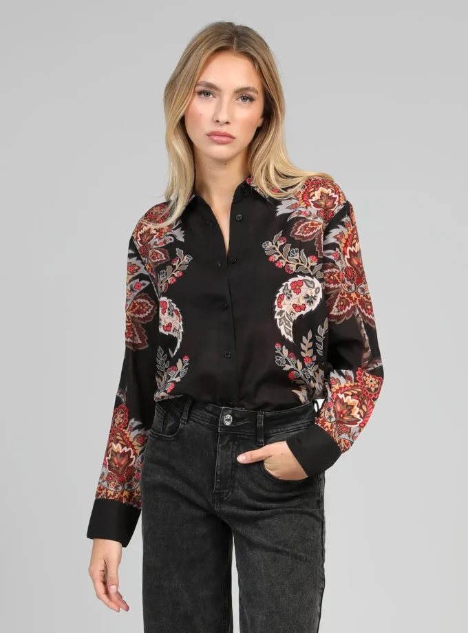 bluse schwarz bastik stoff mit blumen druck